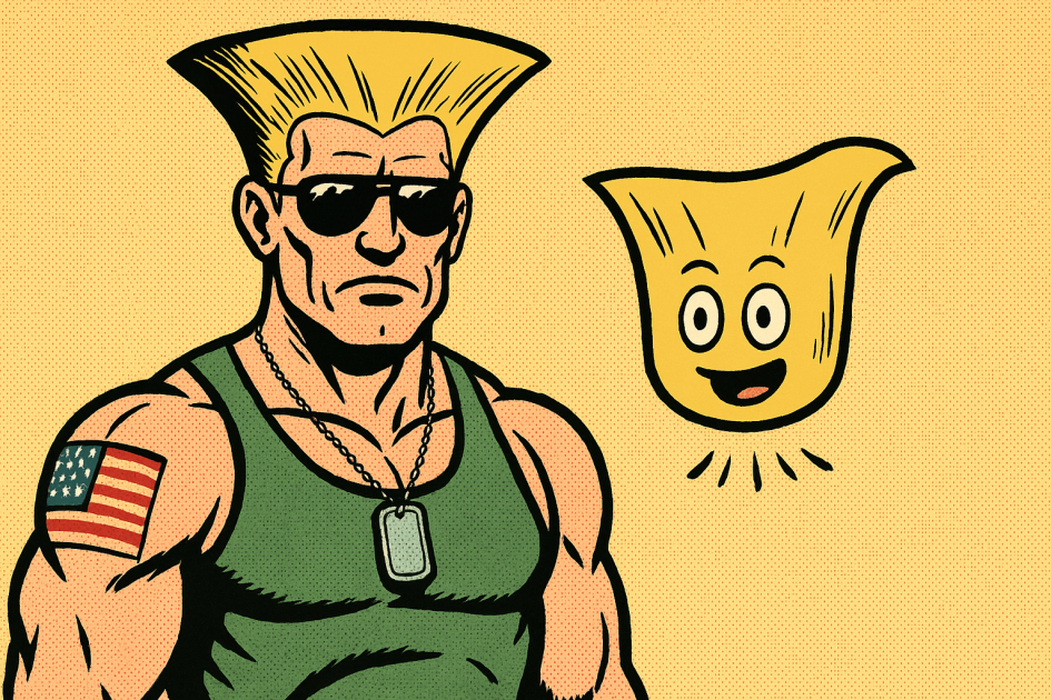 A comic-style illustration of a muscular man with a flat-top blond hairstyle, dark sunglasses, a green tank top, and dog tags, showing an American flag tattoo on his arm. Next to him floats a smiling, cartoonish, sentient tuft of blond hair with big eyes and a cheerful expression. The background is a flat yellow with halftone texture.